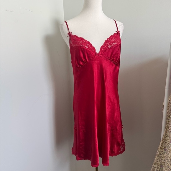 Vintage Red Satin & Lace Slip Dress — 90s Valentine Lingerie Aesthetic L - Picture 3 of 7